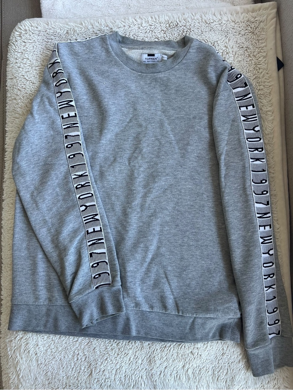 Topman Gray Crewneck Sweatshirt with Black-White Sleeve Tape